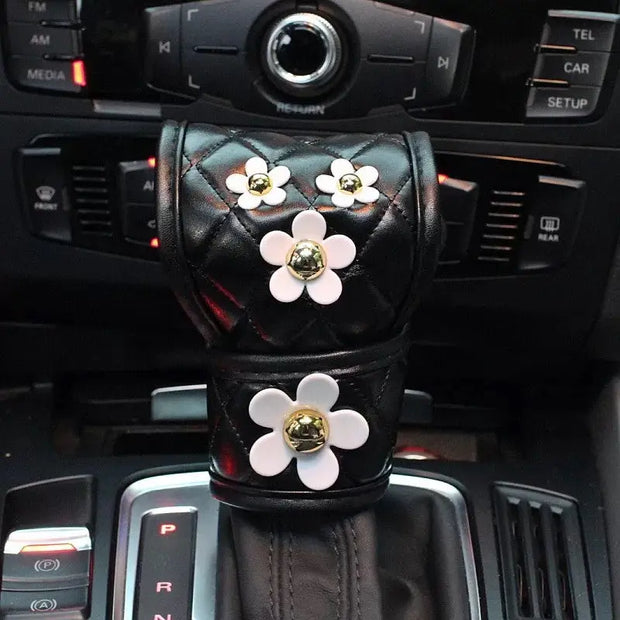 Housse De Frein À Main Et Levier En Cuir Noir Avec Pâquerette - ConfortVoiture.fr