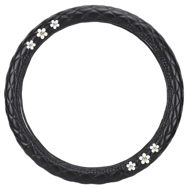 Housse De Volant Noir En Cuir Avec Motif Marguerite - ConfortVoiture.fr