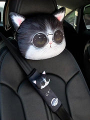Coussin Repose-Tête Chat Lunettes Et Protège-Ceinture Amusant - ConfortVoiture.fr