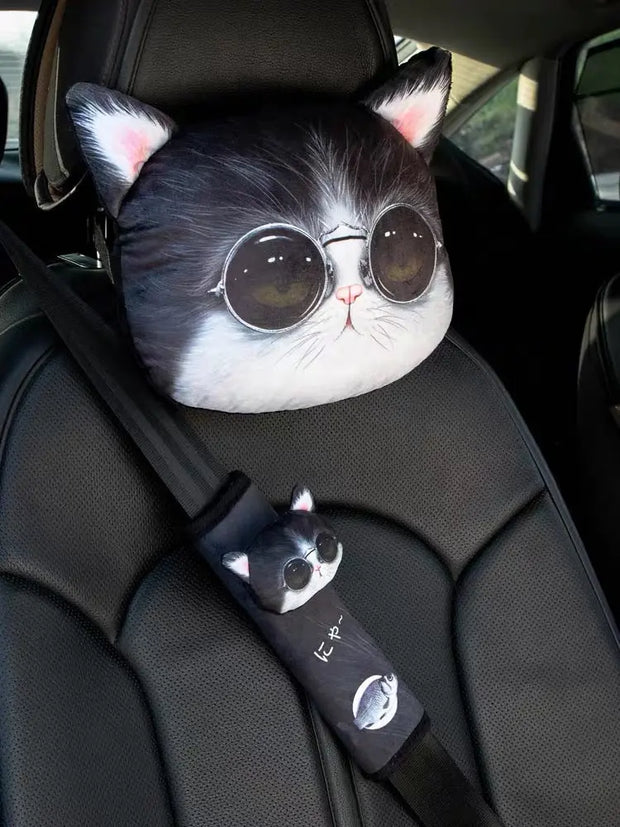 Coussin Repose-Tête Chat Lunettes Et Protège-Ceinture Amusant - ConfortVoiture.fr