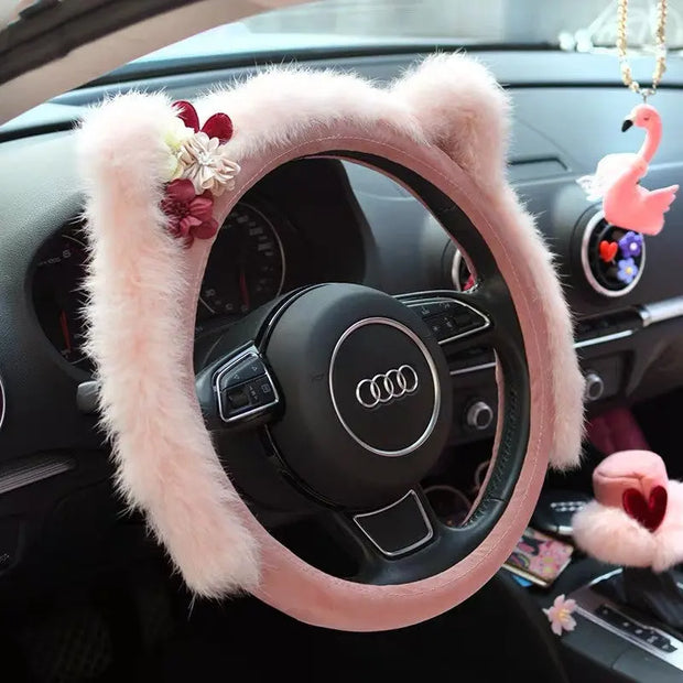 Housse De Volant Fluffy Rose Avec Oreilles De Chat - ConfortVoiture.fr