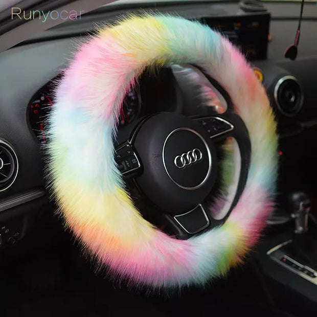 Housse De Volant Fluffy Arc-En-Ciel Hiver Pour Voiture - ConfortVoiture.fr