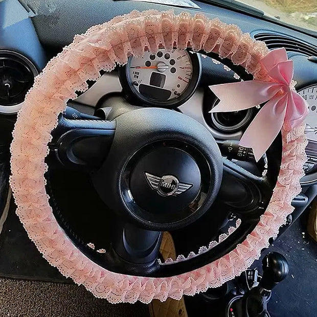 Housse De Volant Dentelle Rose Avec Nœud Chiffon - ConfortVoiture.fr