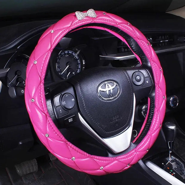 Housse De Volant En Cuir Rose Avec Noeud Brillant - ConfortVoiture.fr