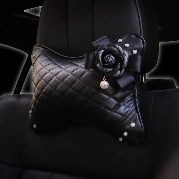 Coussin Appui-Tête Auto En Cuir Forme Os Fleur Noire - ConfortVoiture.fr