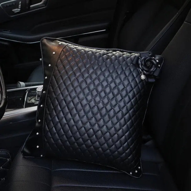 Coussin Appui-Tête Auto En Cuir Forme Os Fleur Noire - ConfortVoiture.fr