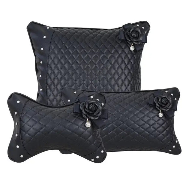 Coussin Appui-Tête Auto En Cuir Forme Os Fleur Noire - ConfortVoiture.fr