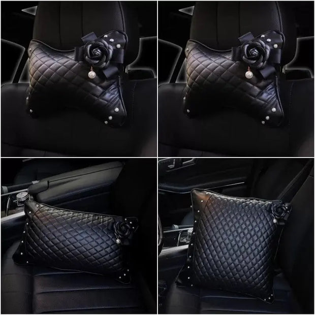 Coussin Appui-Tête Auto En Cuir Forme Os Fleur Noire - ConfortVoiture.fr