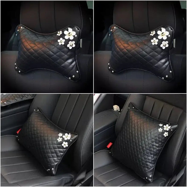 Coussin Repose-Tête Forme Os Cuir Vegan Avec Marguerite - ConfortVoiture.fr
