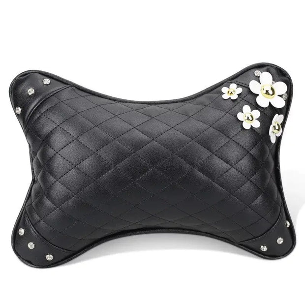 Coussin Repose-Tête Forme Os Cuir Vegan Avec Marguerite - ConfortVoiture.fr