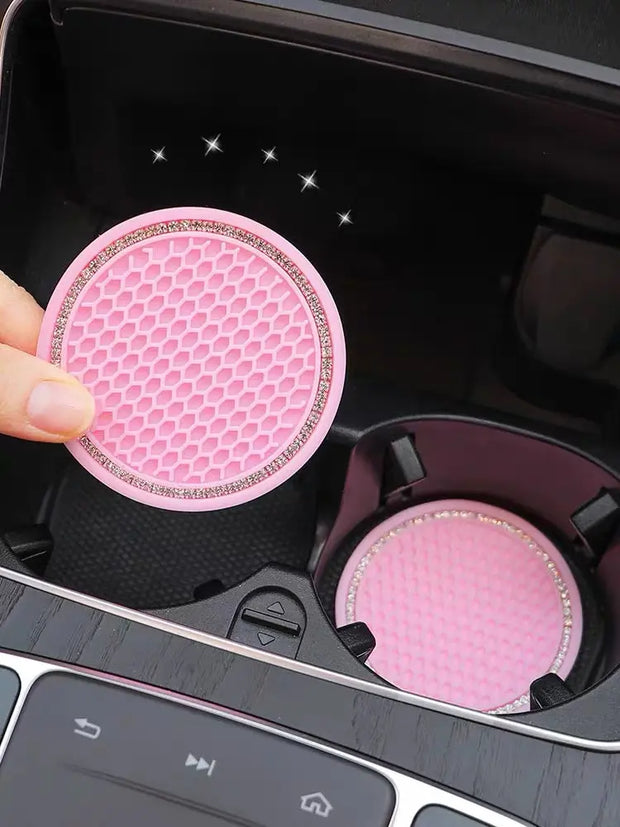 Repose-Gobelet Étincelant Avec Sous-Verres - Rose Et Noir - ConfortVoiture.fr