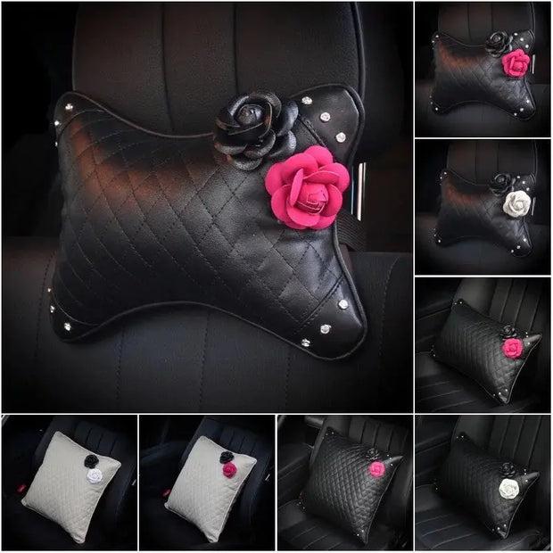 Coussin Repose-Tête Voiture GiveMOJO Camélia Rose Et Noir - ConfortVoiture.fr