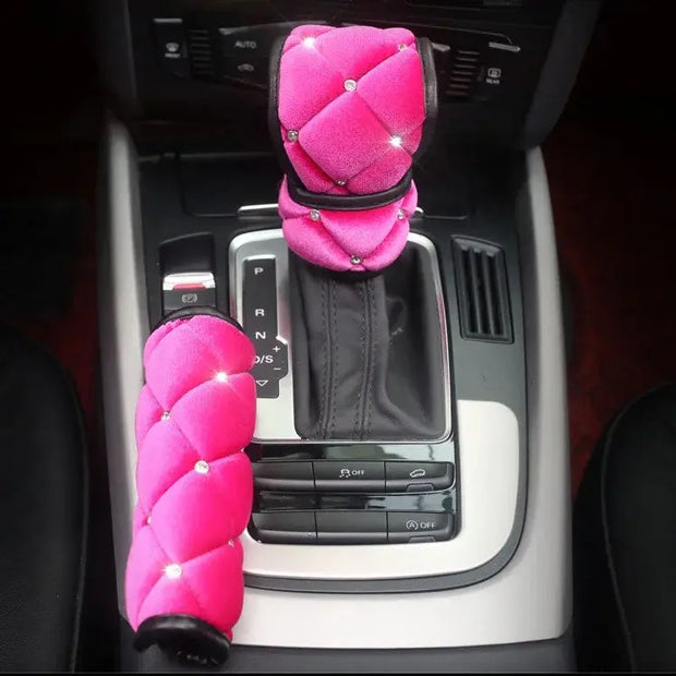 Housse Frein À Main Et Levier Velours Rose Avec Strass - ConfortVoiture.fr
