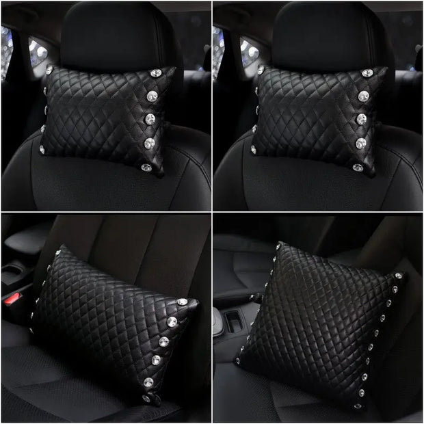 Appuie-Tête En Cuir Matelassé Noir Avec Strass Brillants - ConfortVoiture.fr