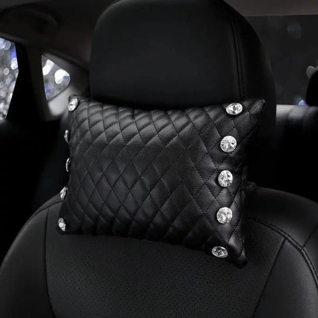 Appuie-Tête En Cuir Matelassé Noir Avec Strass Brillants - ConfortVoiture.fr
