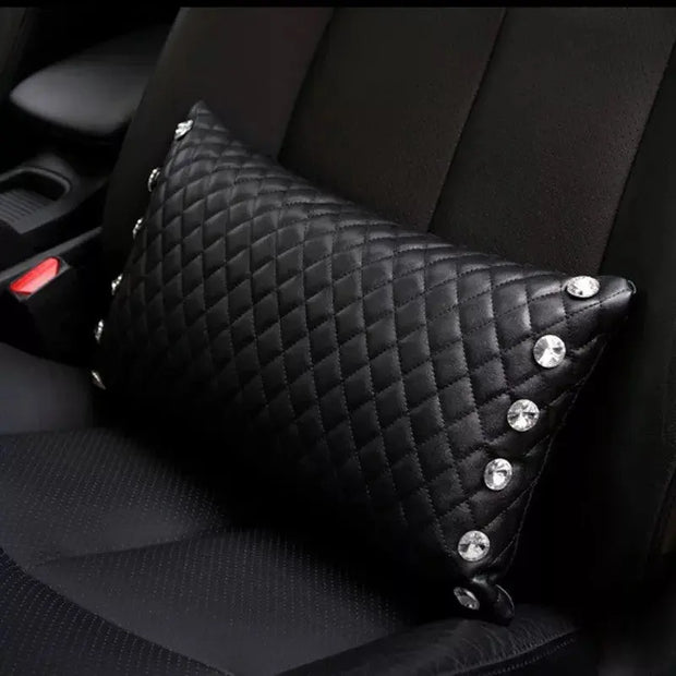 Appuie-Tête En Cuir Matelassé Noir Avec Strass Brillants - ConfortVoiture.fr