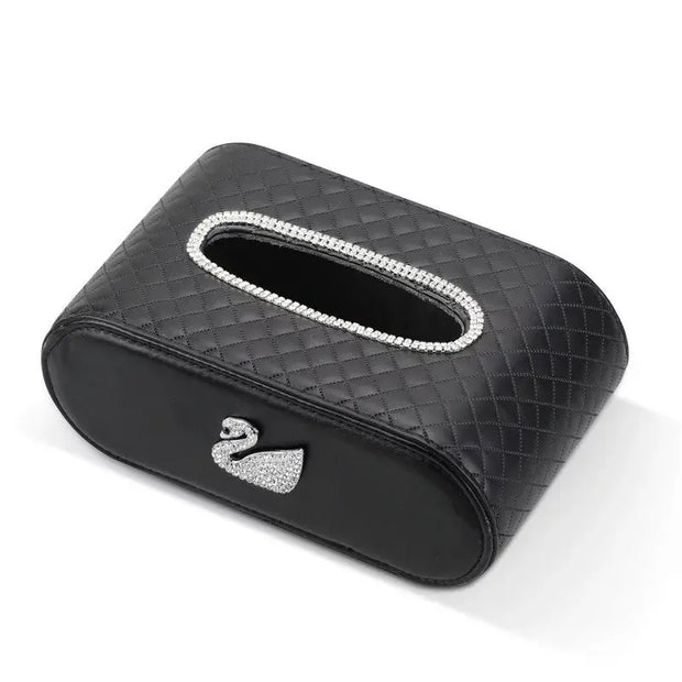 Boîte À Mouchoirs Cuir Matelassé Avec Cygne Strass - ConfortVoiture.fr