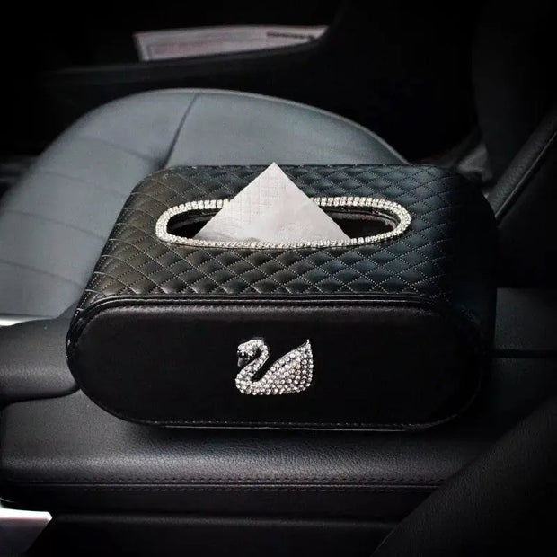 Boîte À Mouchoirs Cuir Matelassé Avec Cygne Strass - ConfortVoiture.fr