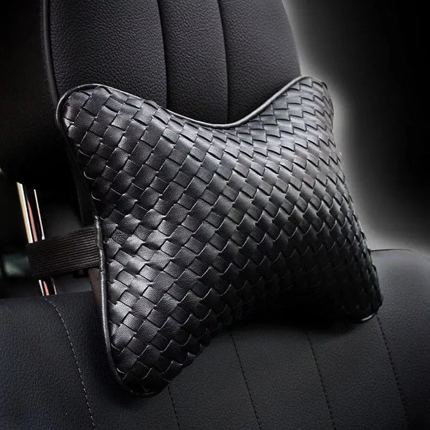 Coussin Appui-Tête Auto Forme Os En Cuir Tressé - ConfortVoiture.fr