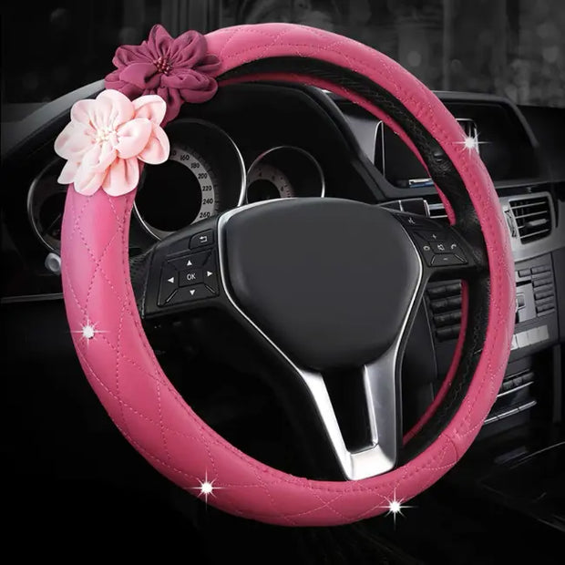 Housse De Volant Cuir Vegan Rose Avec Fleurs Bling - ConfortVoiture.fr