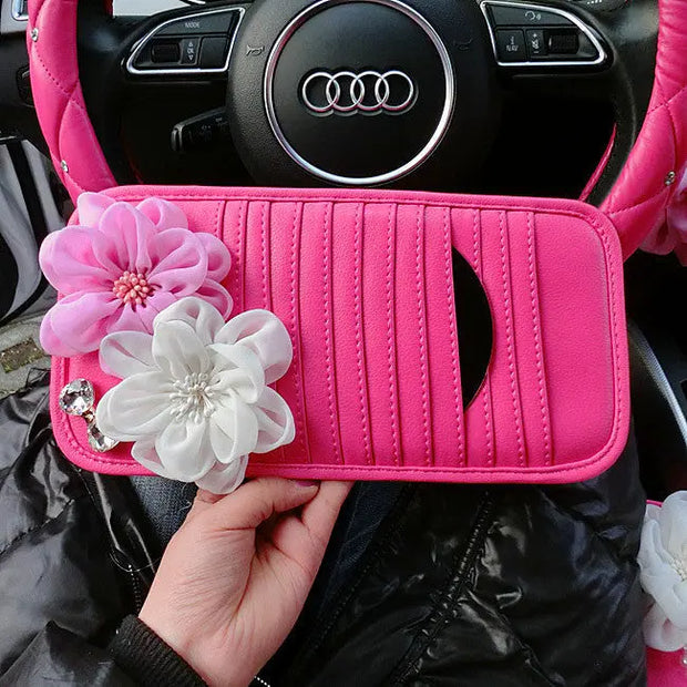 Organiseur De CD Pare-Soleil Auto Rose Avec Fleurs Bling - ConfortVoiture.fr