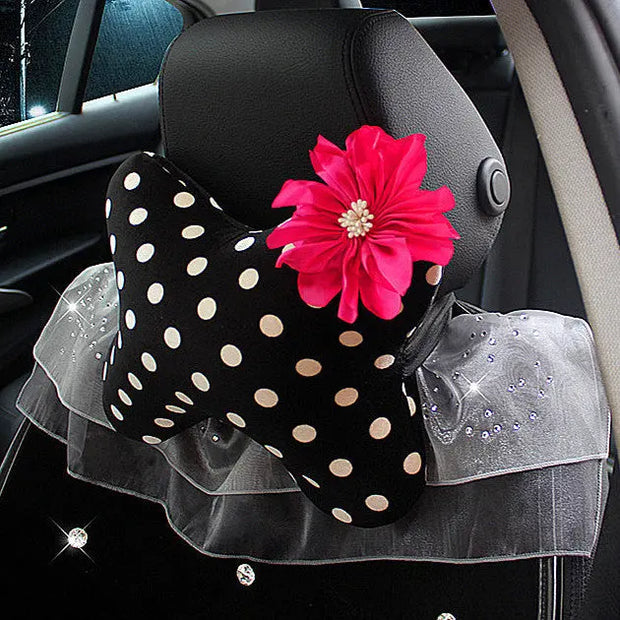 Coussin Appui-Tête Voiture Motif Pois Fleur - ConfortVoiture.fr
